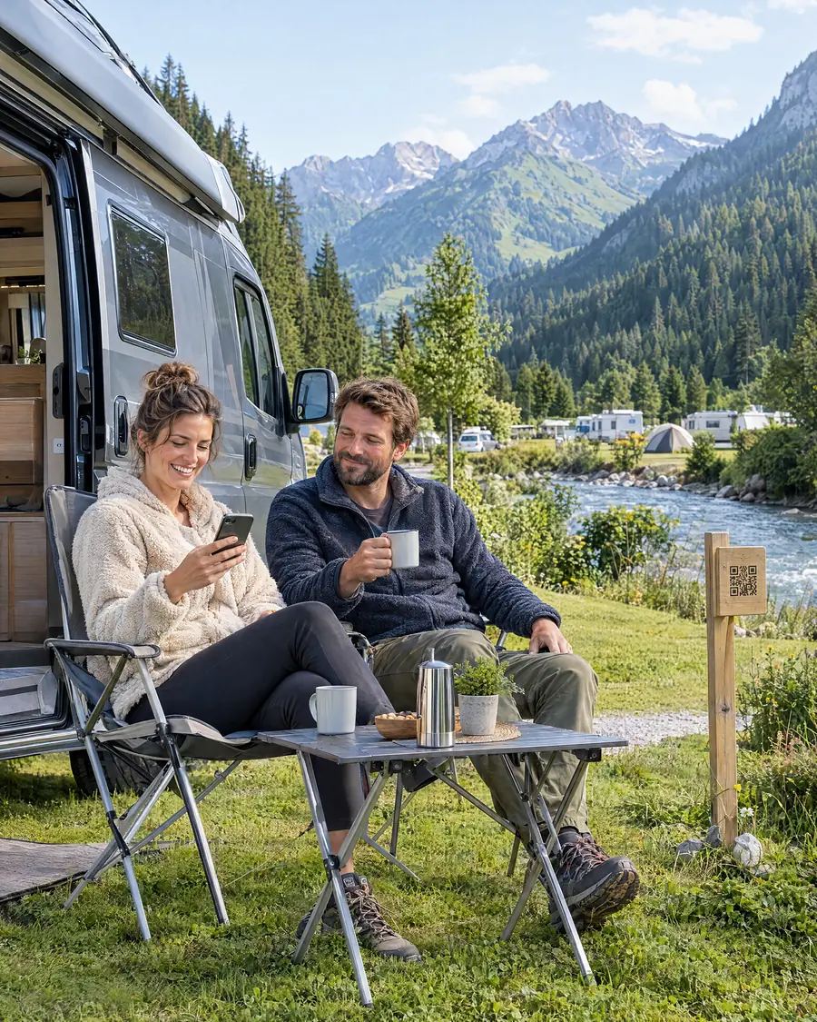 Paar sitzt vor dem Campingbus auf einem Stellplatz am Fluss, im Hintergrund die Berge