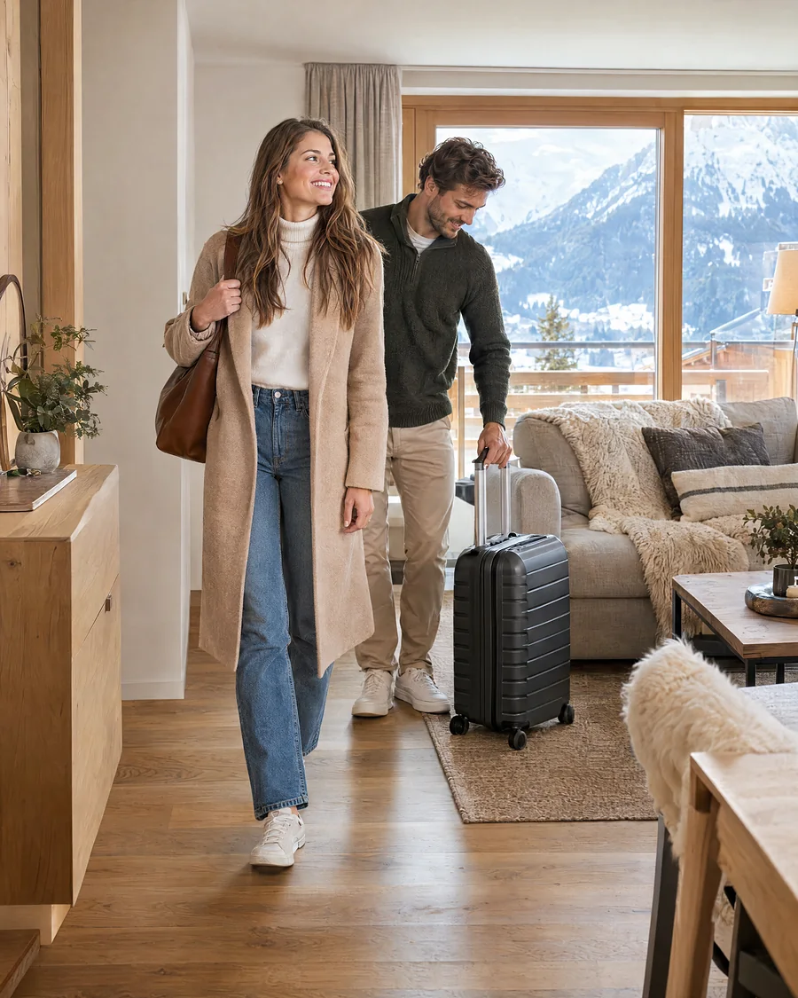 Gäste kommen in einer hellen Ferienwohnung an
