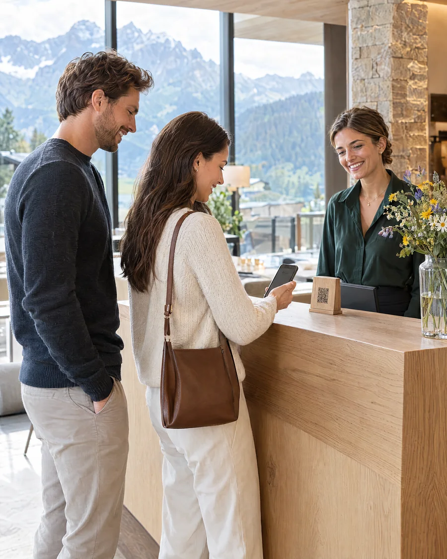 Gäste scannen an der Hotelrezeption den QR-Code