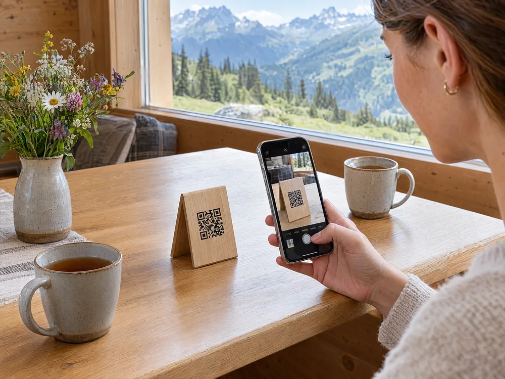 Ein Gast scannt den QR-Aufsteller auf dem Tisch mit dem Handy